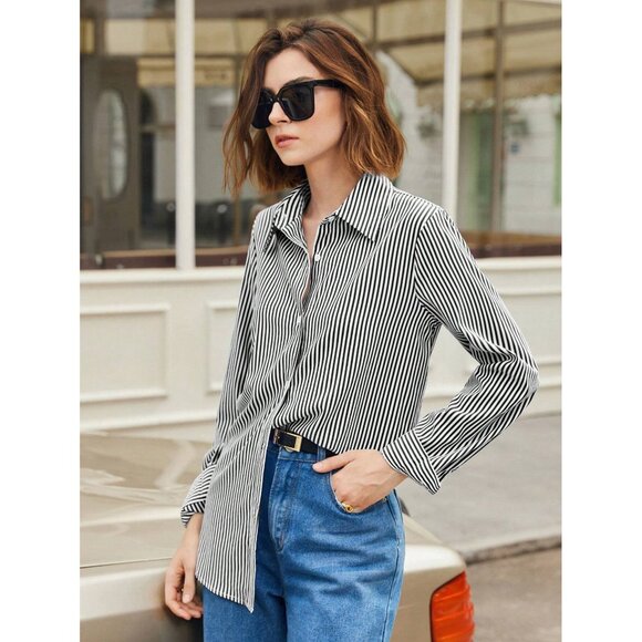 Blue Striped Button-Down Shirt Long Sleeve Plazacore Business Minimali - Picture 2 of 2